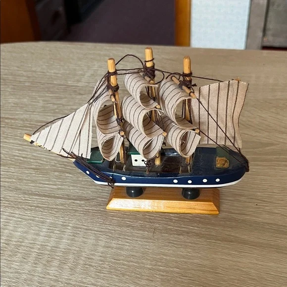 Nautical Model Ship with Striped Sails - Picture 2 of 3